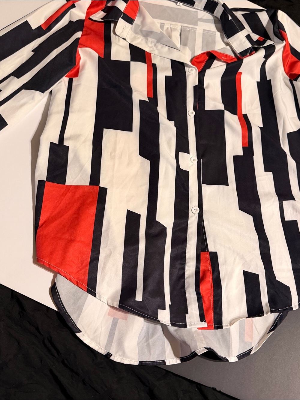Geometric Stripe Button-Down Shirt - Black, White & Red